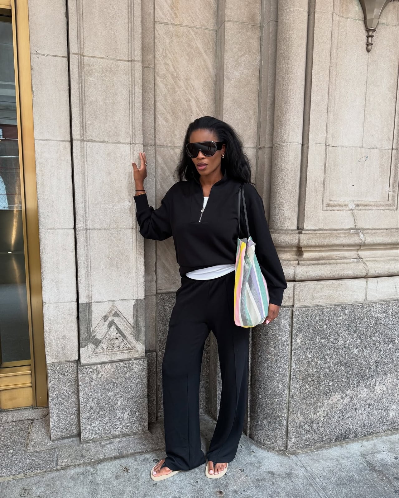 Black Quarter-Zip Sweatshirt with Wide-Leg Sweatpants — Simple Game Day Outfits