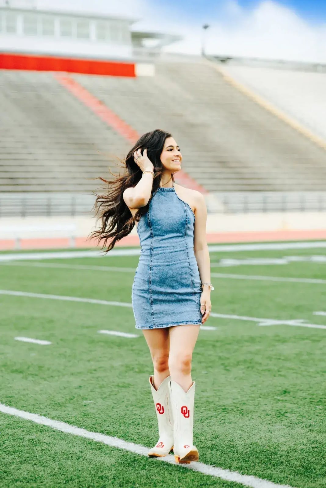 Denim Halter Dress with Cowboy Boots — Simple Game Day Outfits
