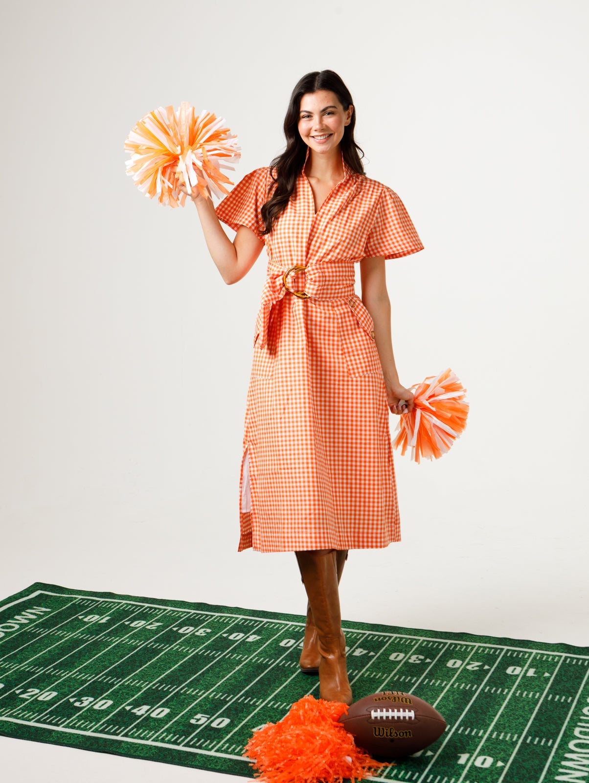 Orange Gingham Dress with Belted Waist — Simple Game Day Outfits