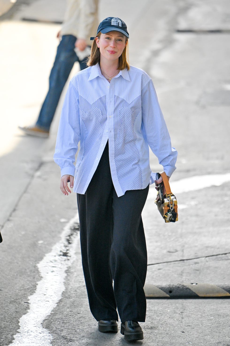 Striped Button-Down Over Dark Top with Wide-Leg Trousers — Simple Game Day Outfits