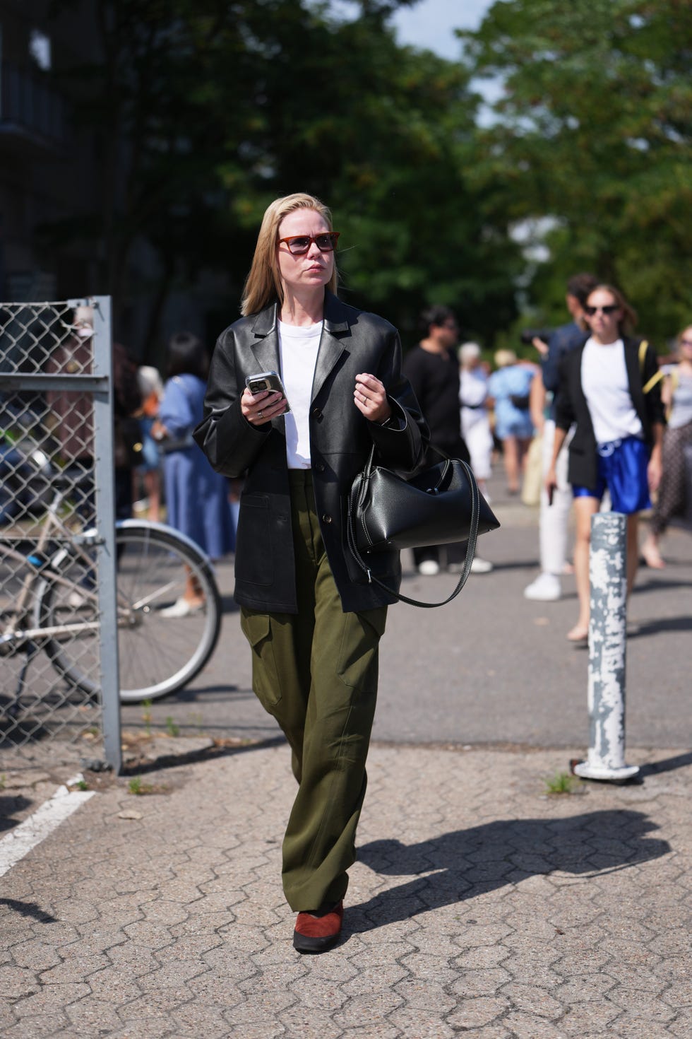 Oversized Leather Blazer with Cargo Pants — Simple Game Day Outfits