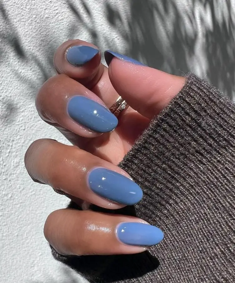 Medium Oval Glossy Muted Dusty Blue Nails — Simple Gel Nails Colors