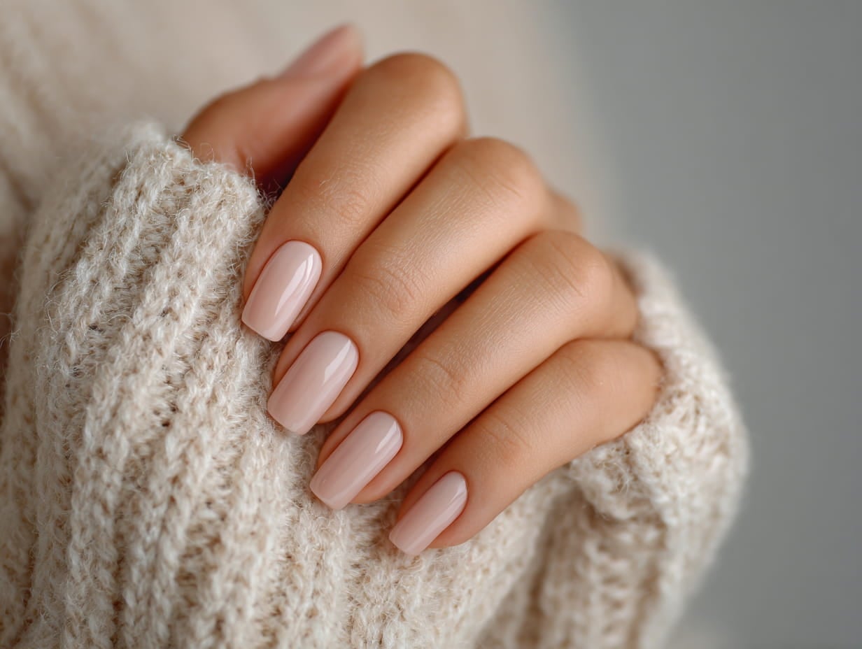 Short Squoval Glossy Light Beige Nude Nails — Simple Gel Nails Colors