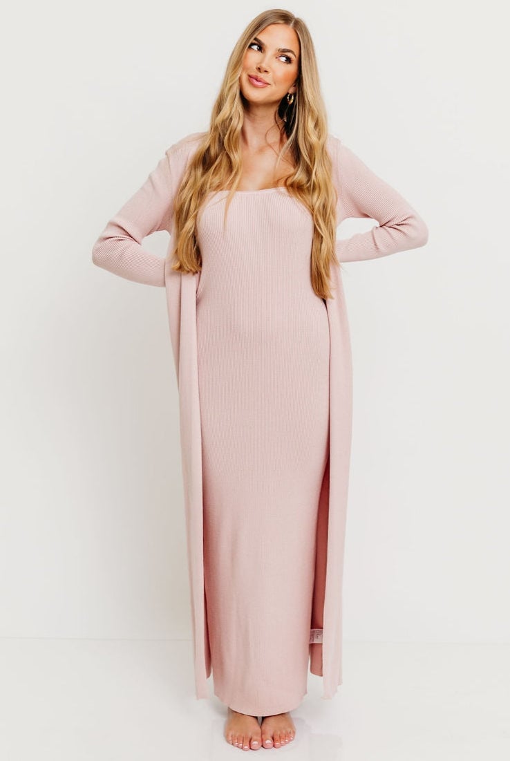 Pale Pink Ribbed Knit Dress with Long Open Cardigan — Simple Gender Reveal Outfits