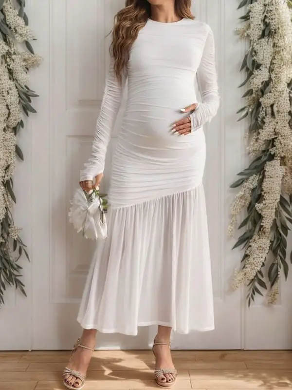 White Ruched Mesh Dress with Asymmetric Hem — Simple Gender Reveal Outfits
