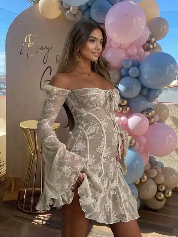 Off-Shoulder Lace Mini Dress with Flared Sleeves — Simple Gender Reveal Outfits