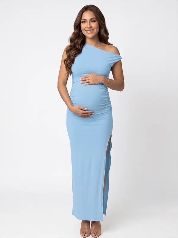 Light Blue One-Shoulder Ruched Maxi Dress — Simple Gender Reveal Outfits