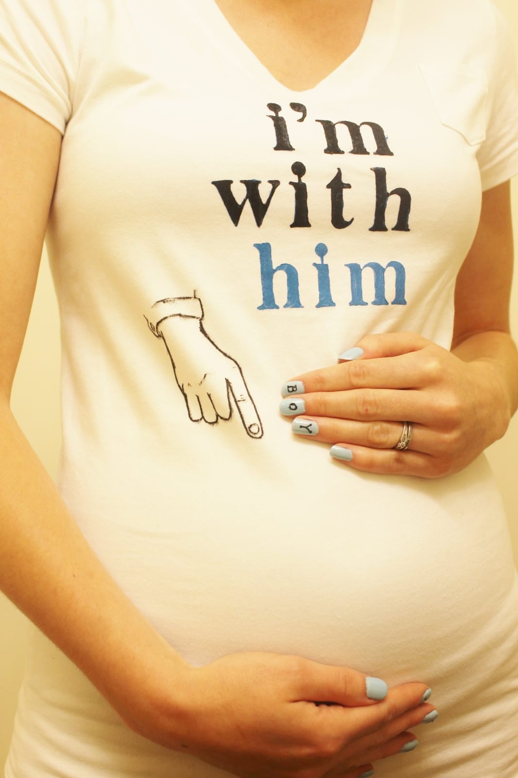 White V-Neck T-Shirt with 'I'm With Him' Text — Simple Gender Reveal Outfits