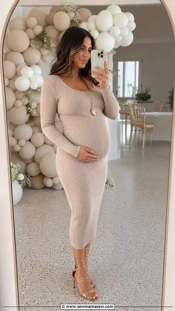 Neutral Beige Long Sleeve Ribbed Knit Dress — Simple Gender Reveal Outfits