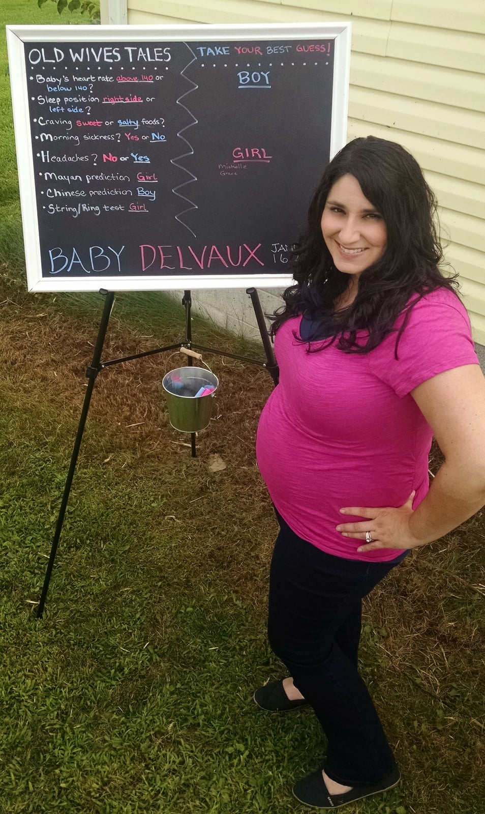 Fitted Pink T-Shirt with Gender Reveal Chalkboard, Close-Up Take — Simple Gender Reveal Outfits