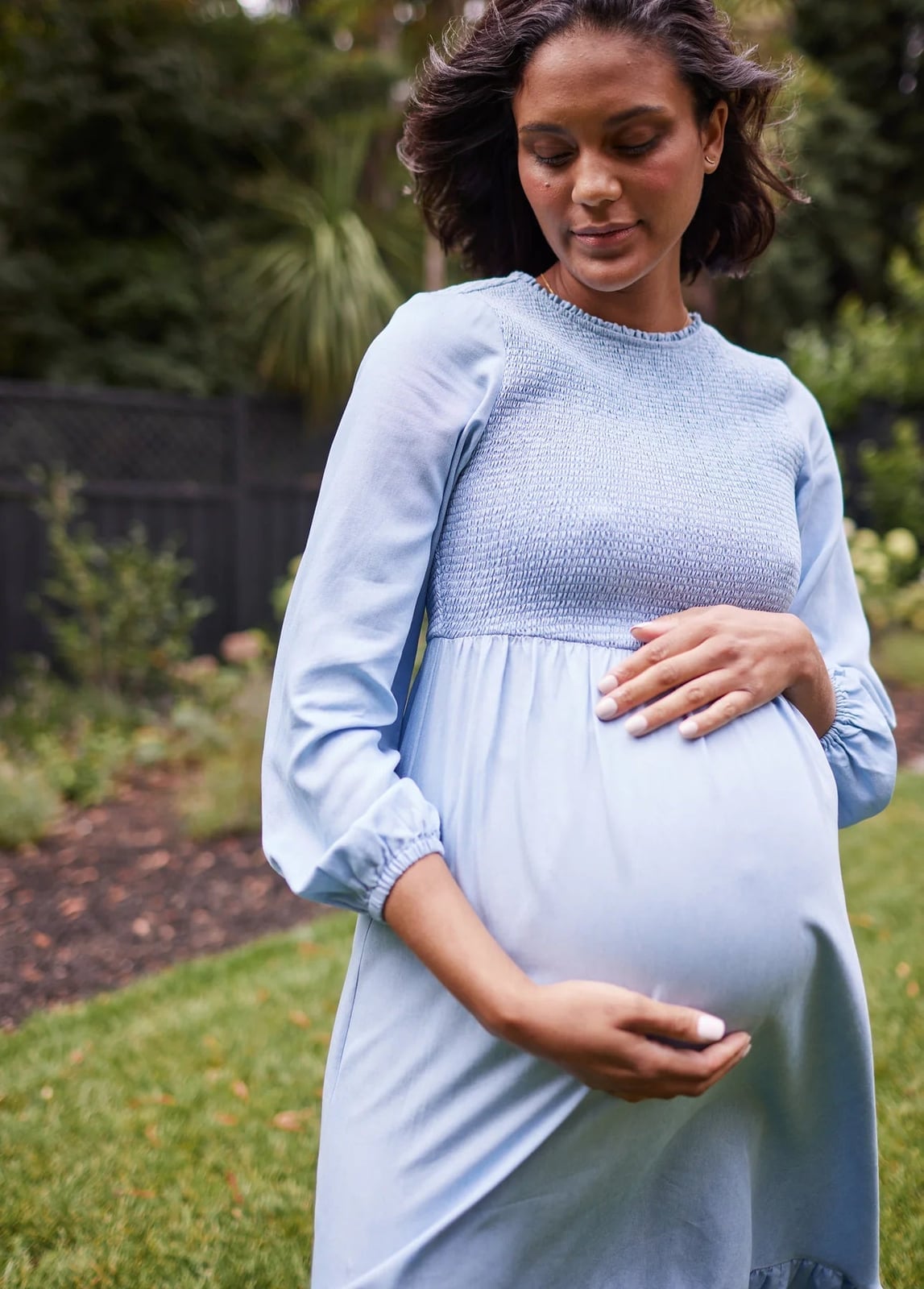 Light Blue Long-Sleeved Smocked Maternity Dress — Simple Gender Reveal Outfits