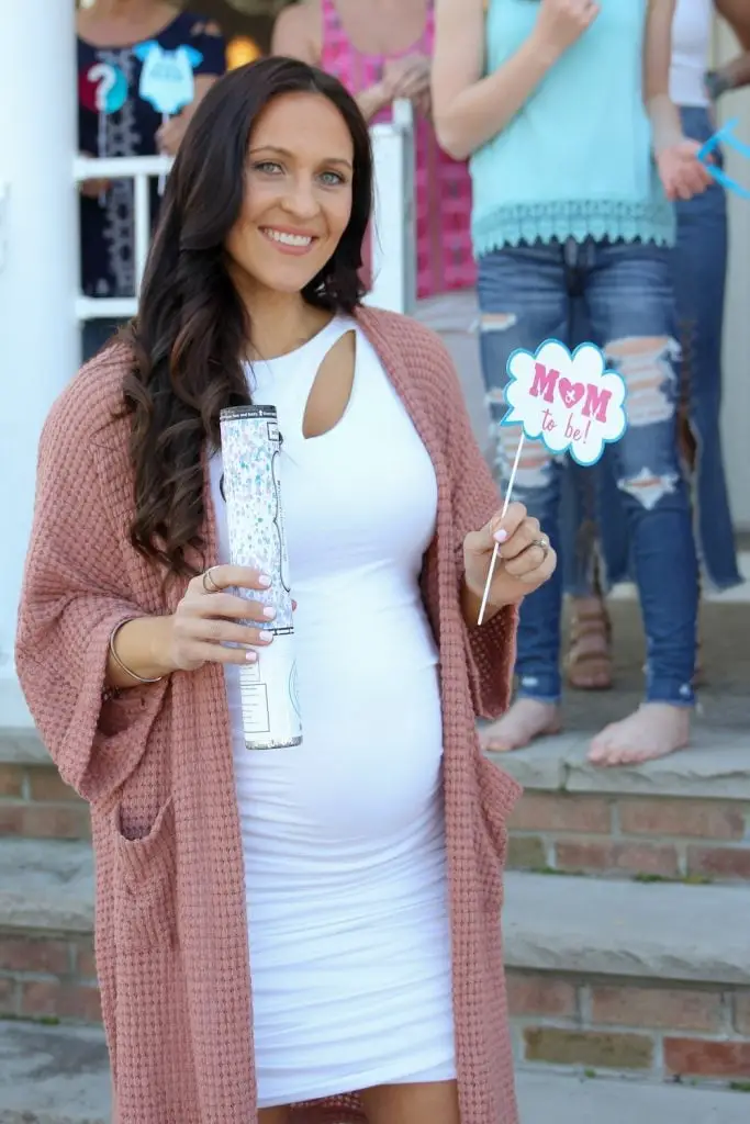 White Ruched Midi Dress with Rose Pink Knit Cardigan — Simple Gender Reveal Outfits