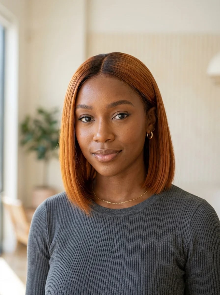 Chin Length Blunt Bob With Bright Ginger Chin Length Blunt Bob With Bright Ginger — Simple Ginger Highlights