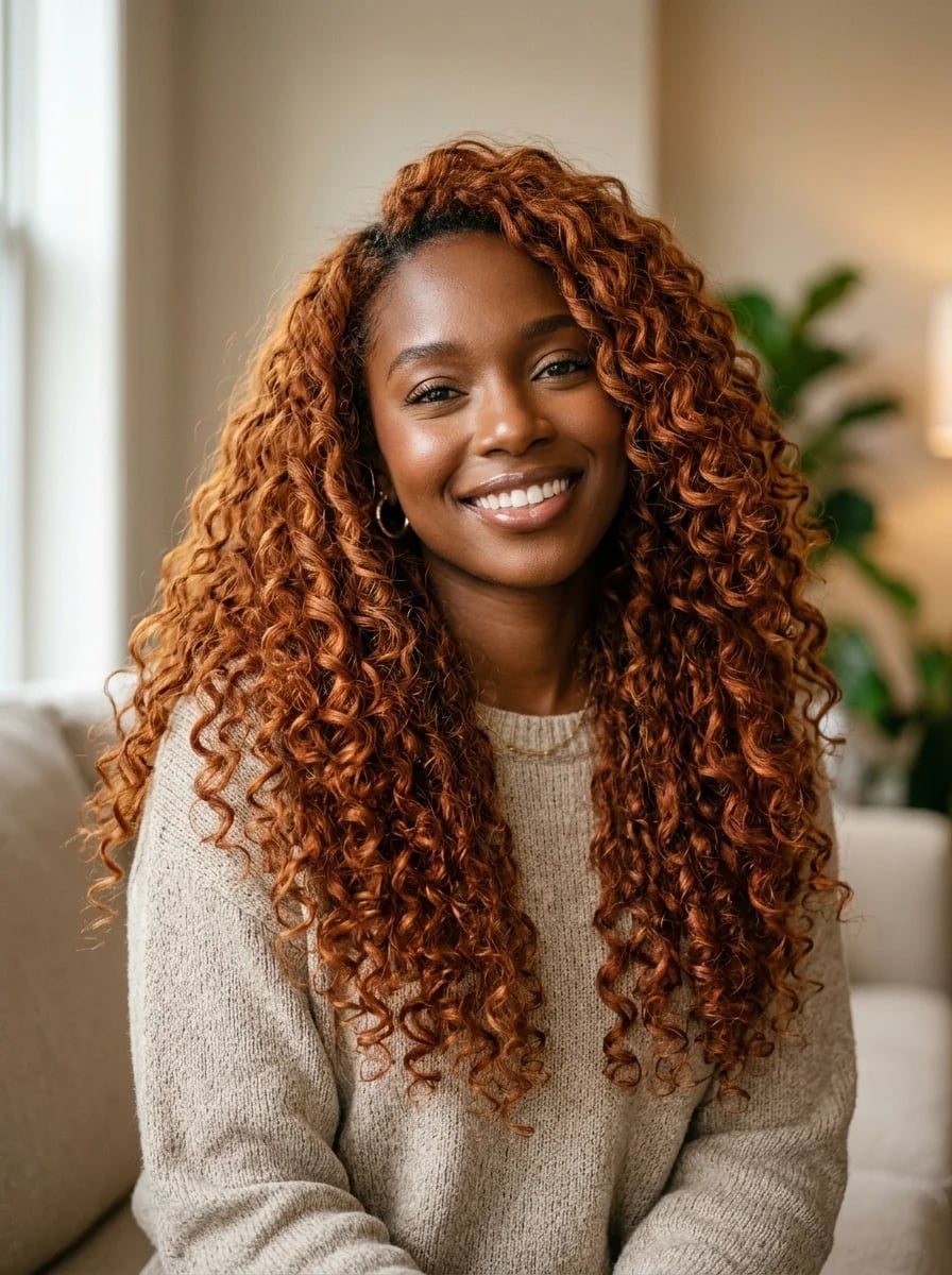 Mid-Back Curly Hair With Ginger Highlights Mid-Back Curly Hair With Ginger Highlights — Simple Ginger Highlights