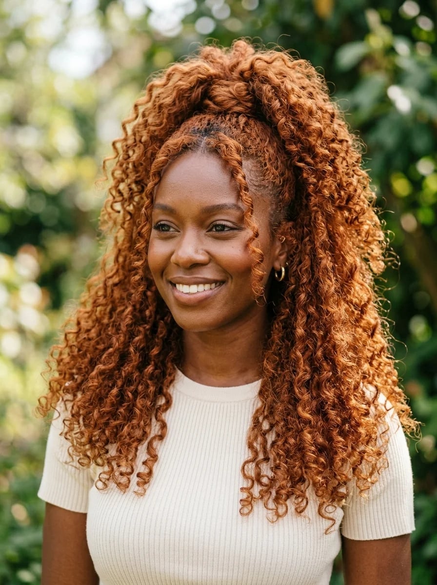 Mid-Back Coily Hair In Vibrant Ginger Mid-Back Coily Hair In Vibrant Ginger — Simple Ginger Highlights