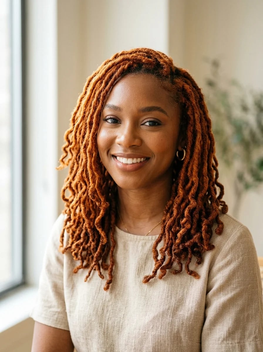 Shoulder Length Coily Locs In Bright Ginger Shoulder Length Coily Locs In Bright Ginger — Simple Ginger Highlights