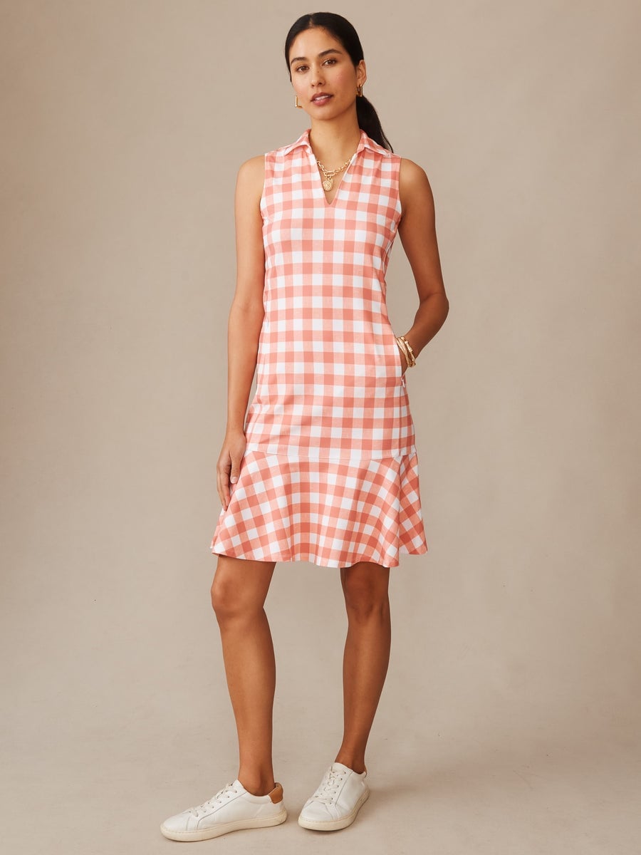 Coral and White Gingham Sleeveless Dress with Drop Waist Coral and White Gingham Sleeveless Dress with Drop Waist — Simple Gingham Dress