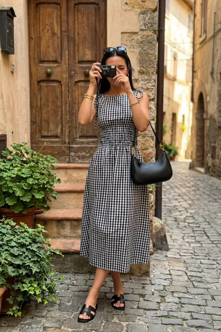 Black and White Gingham Smocked Midi Dress with Flat Sandals Black and White Gingham Smocked Midi Dress with Flat Sandals — Simple Gingham Dress