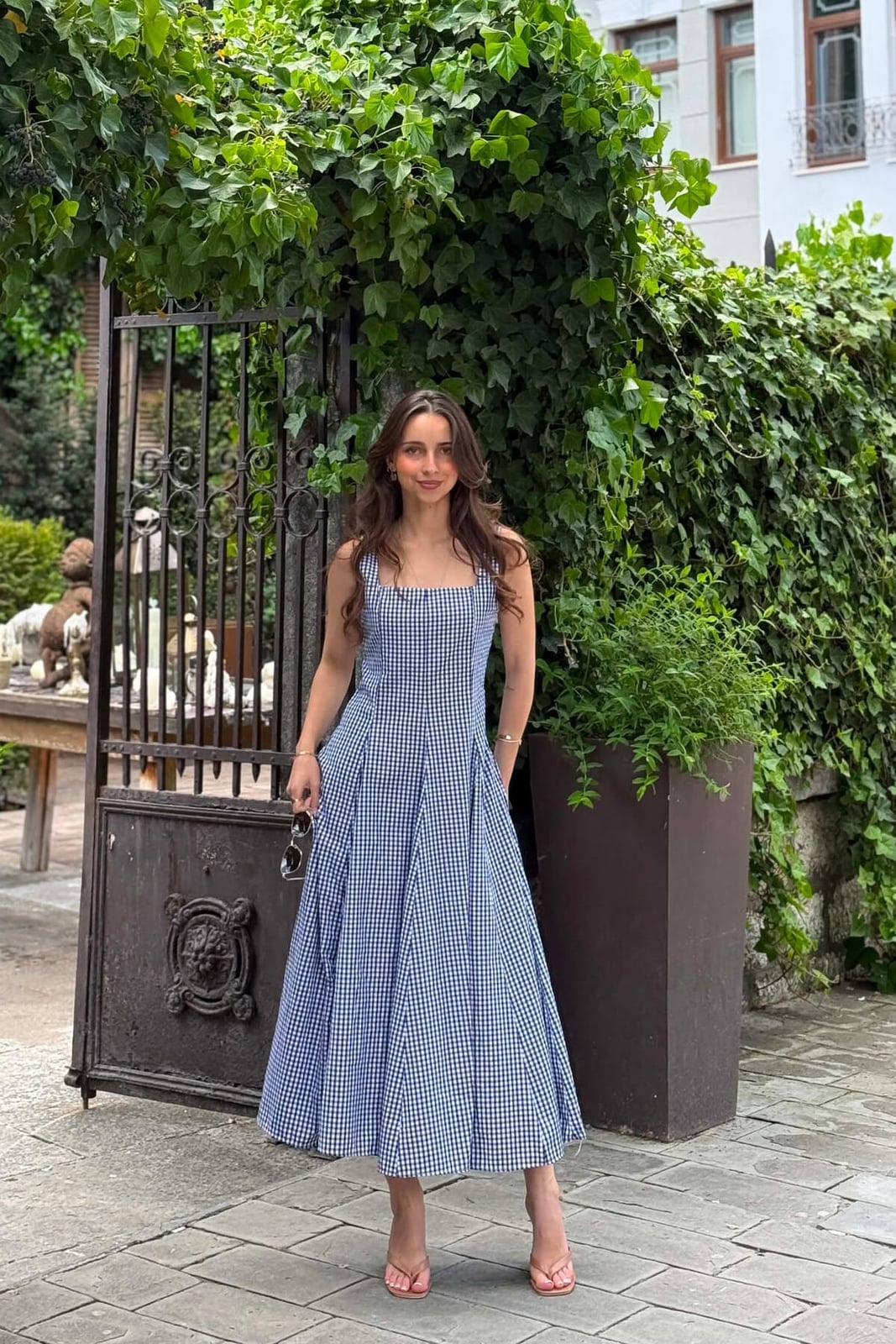 Blue and White Gingham Fit and Flare Dress with Pink Heels Blue and White Gingham Fit and Flare Dress with Pink Heels — Simple Gingham Dress