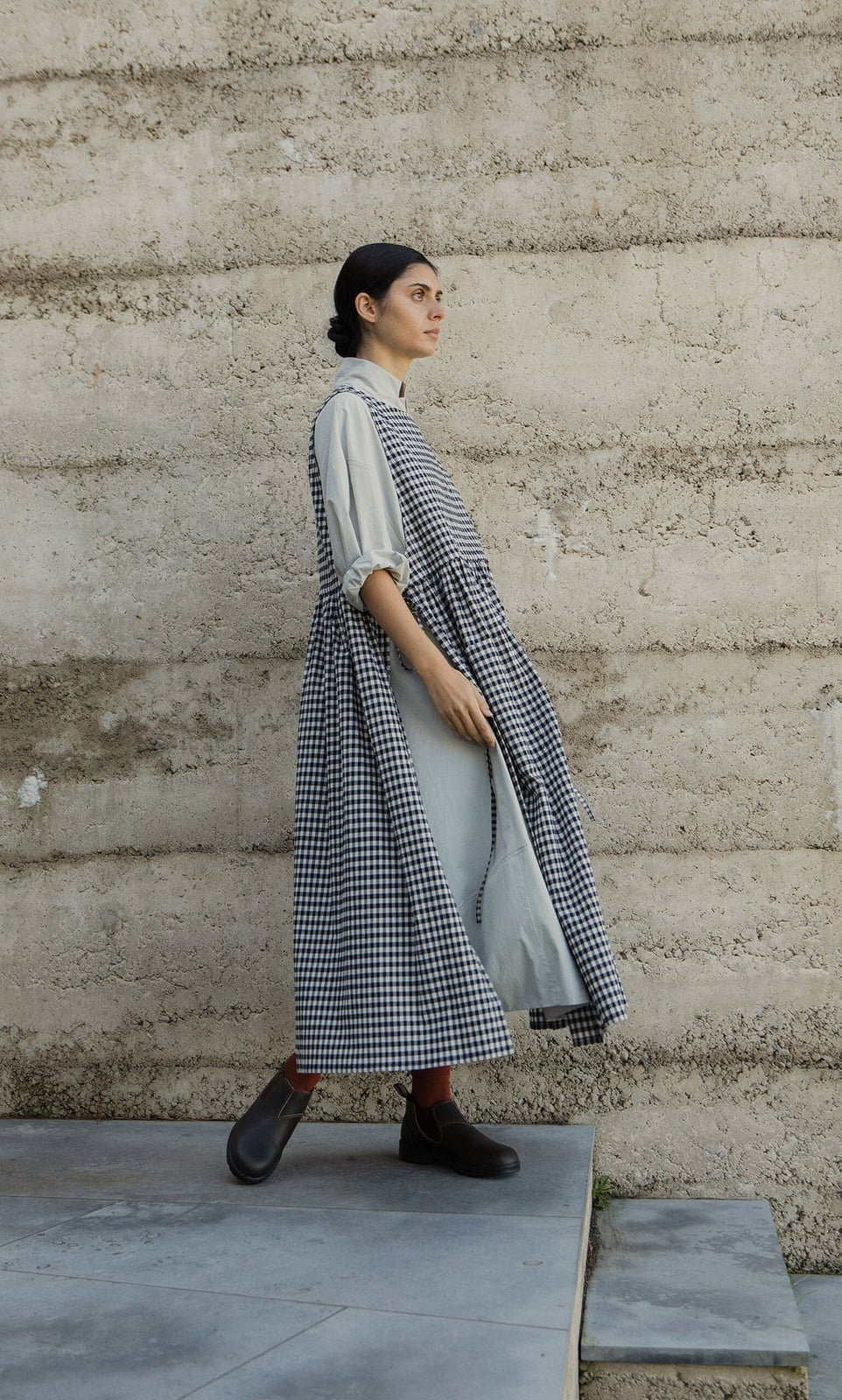 Black and White Gingham Pinafore Dress Layered Over a Gray Shirt Black and White Gingham Pinafore Dress Layered Over a Gray Shirt — Simple Gingham Dress