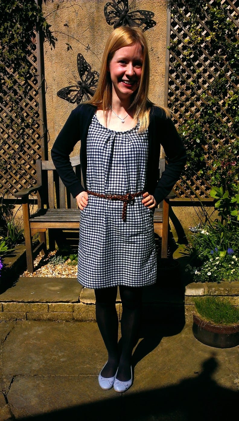 Navy and White Gingham A-line Dress with Braided Belt and Cardigan Navy and White Gingham A-line Dress with Braided Belt and Cardigan — Simple Gingham Dress
