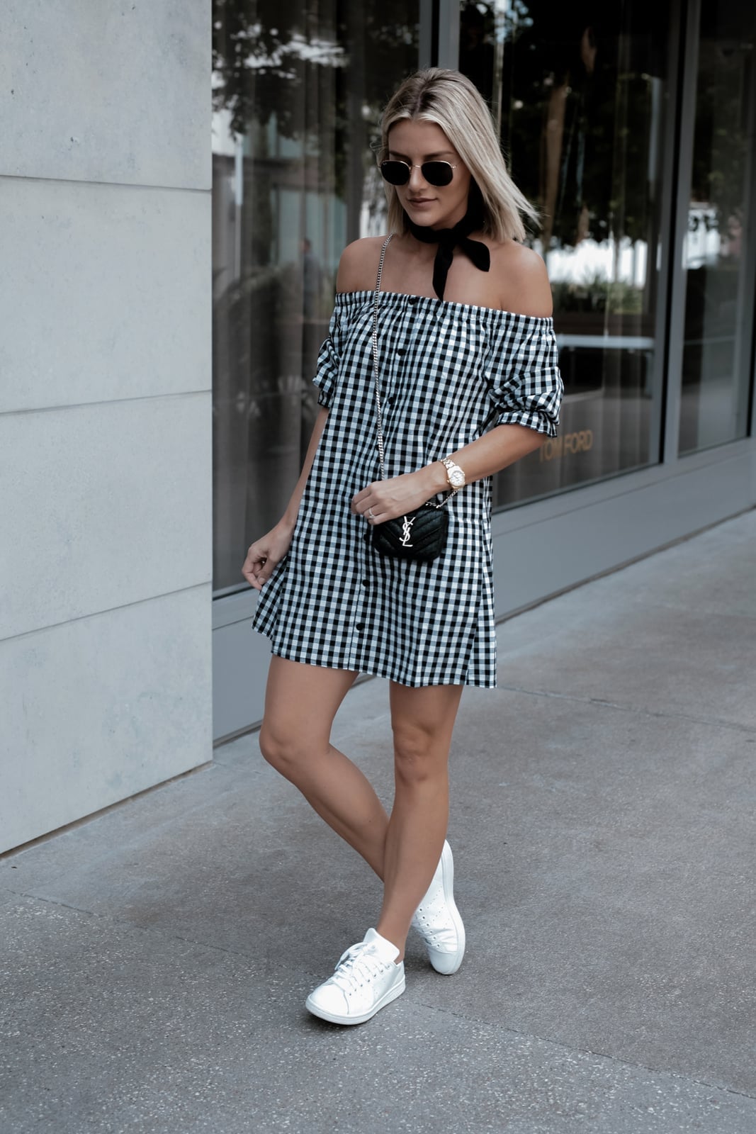 Relaxed Fit Black and White Gingham Off-The-Shoulder Mini Dress Relaxed Fit Black and White Gingham Off-The-Shoulder Mini Dress — Simple Gingham Dress