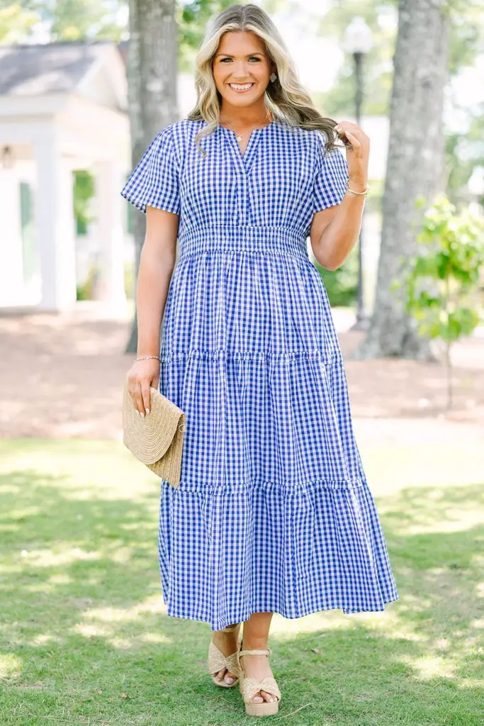 Blue and White Gingham Midi Dress with Smocked Bodice and Tiered Skirt Blue and White Gingham Midi Dress with Smocked Bodice and Tiered Skirt — Simple Gingham Dress