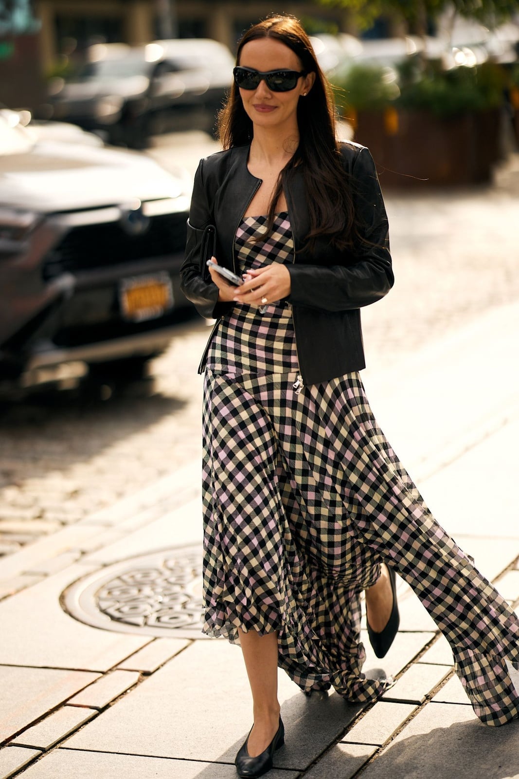 A-line Gingham Dress Styled with a Black Leather Jacket A-line Gingham Dress Styled with a Black Leather Jacket — Simple Gingham Dress