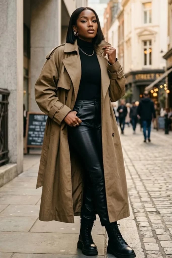 Chic Black Leather Trousers and Trench Coat, Close-Up Take Chic Black Leather Trousers and Trench Coat, Close-Up Take — Simple Going Out Outfits Black Women