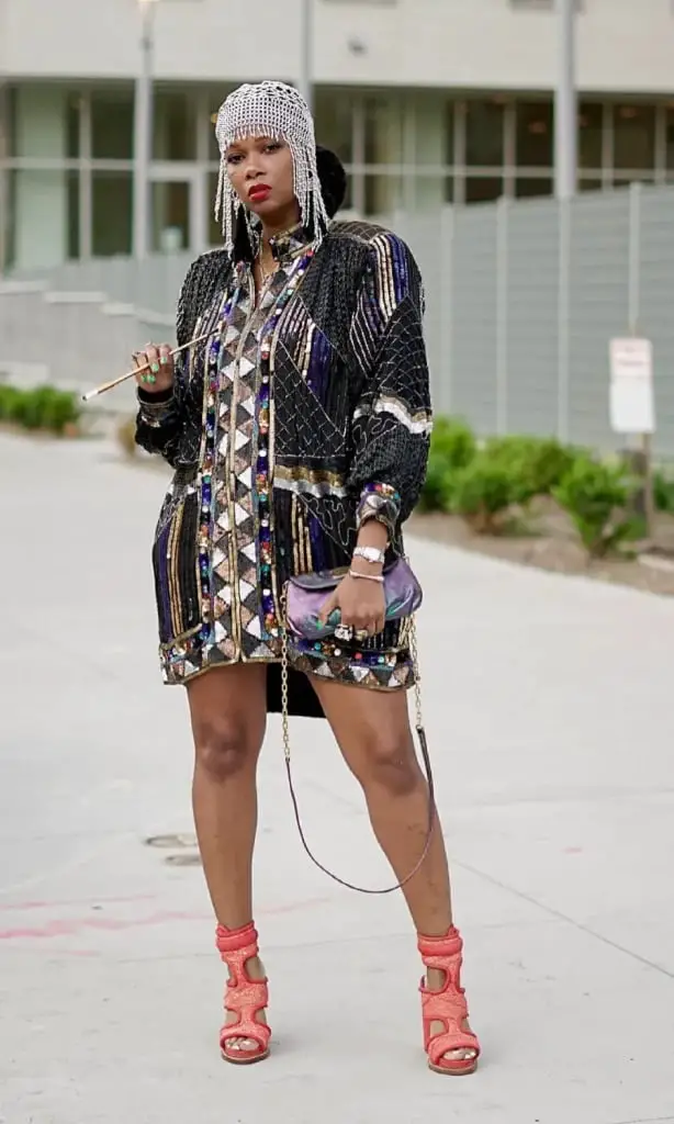 Embellished Statement Jacket Over Black Mini Dress Embellished Statement Jacket Over Black Mini Dress — Simple Going Out Outfits Black Women