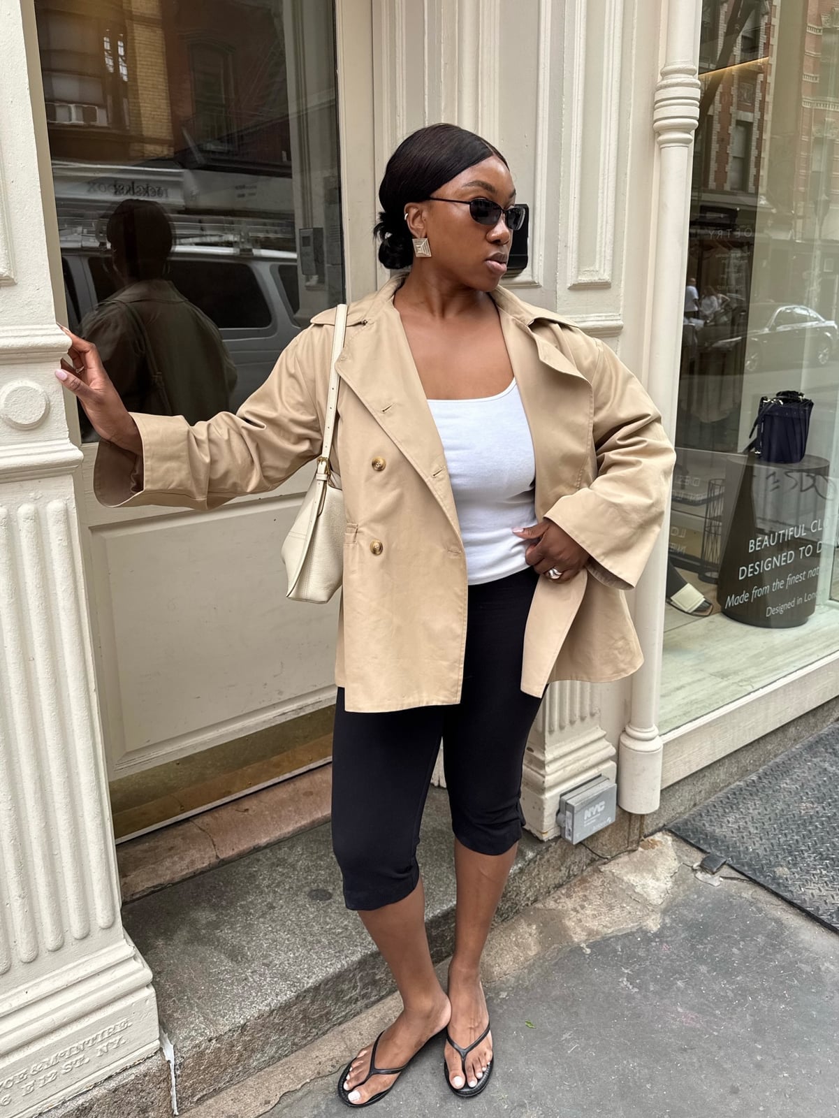 Casual Beige Jacket Over White Tank and Black Leggings Casual Beige Jacket Over White Tank and Black Leggings — Simple Going Out Outfits Black Women
