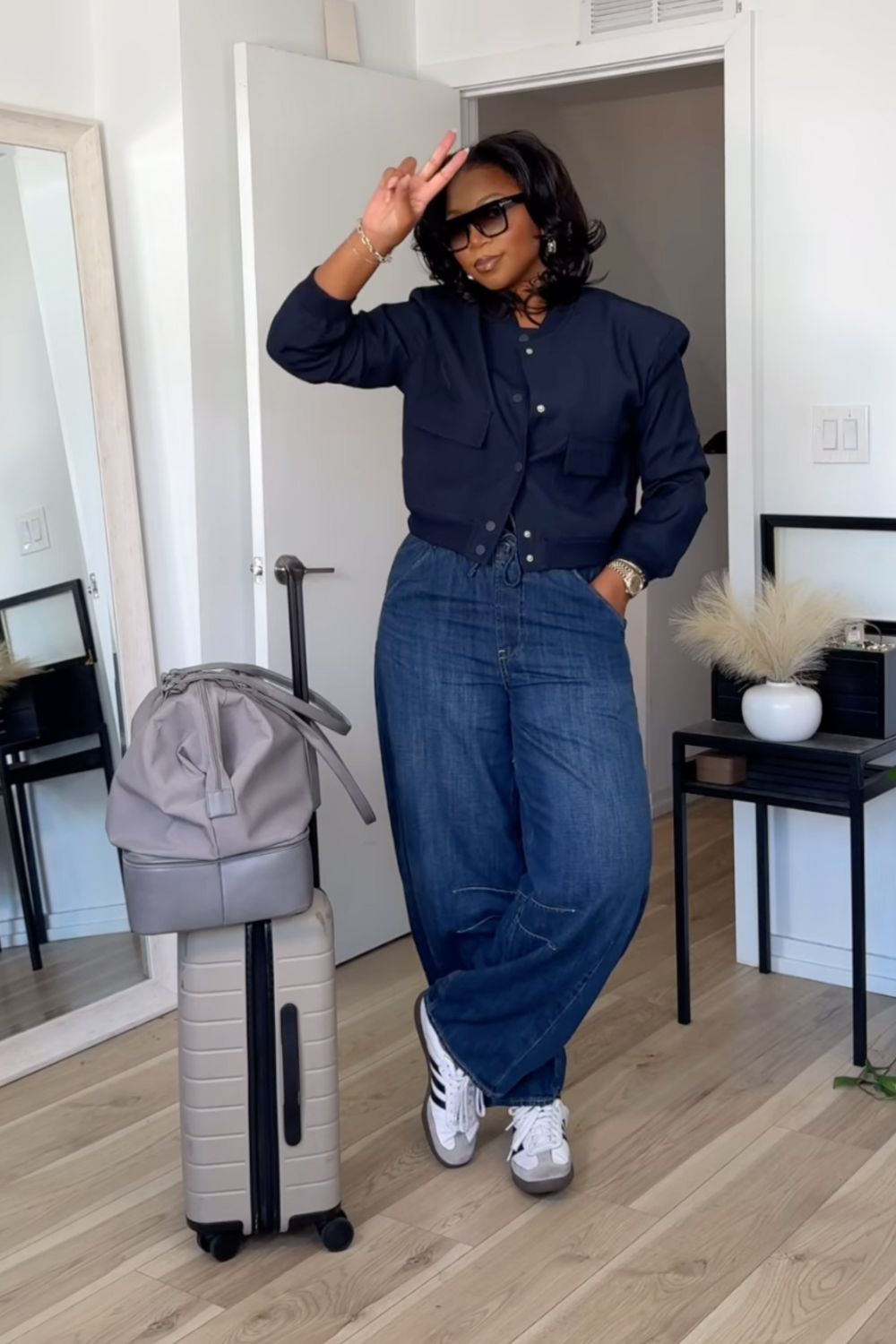 Oversized Denim Trousers with Navy Bomber Jacket Oversized Denim Trousers with Navy Bomber Jacket — Simple Going Out Outfits Black Women