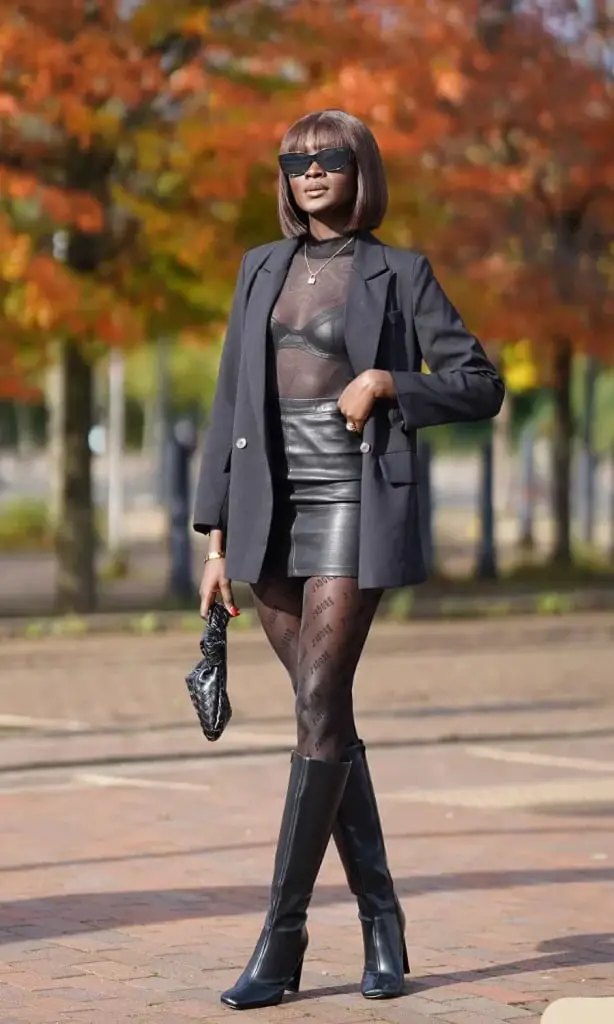 Edgy Black Blazer with Leather Mini Skirt, Close-Up Take Edgy Black Blazer with Leather Mini Skirt, Close-Up Take — Simple Going Out Outfits Black Women