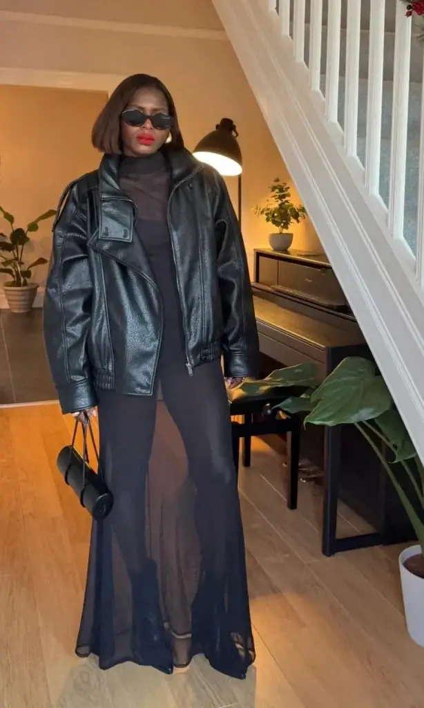 Sheer Black Maxi Dress with Faux Leather Jacket, Close-Up Take Sheer Black Maxi Dress with Faux Leather Jacket, Close-Up Take — Simple Going Out Outfits Black Women