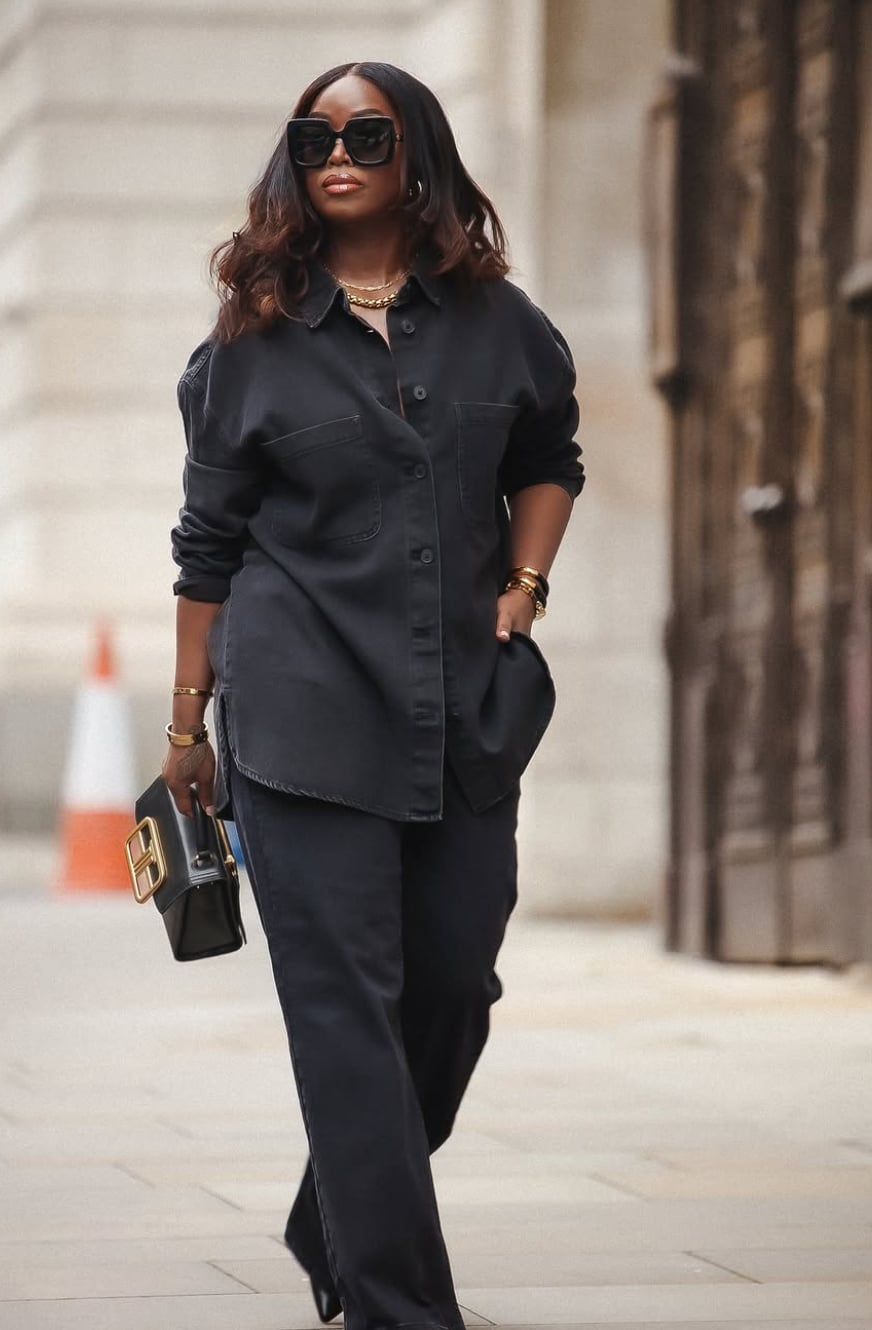 Dark Blue Wide Leg Jeans with an Oversized Black Button Down Dark Blue Wide Leg Jeans with an Oversized Black Button Down — Simple Going Out Outfits Jeans