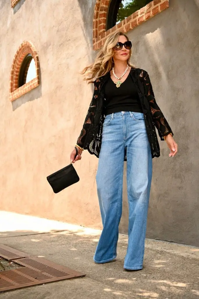 Light Wash Wide Leg Jeans with Black Lace Jacket Light Wash Wide Leg Jeans with Black Lace Jacket — Simple Going Out Outfits Jeans