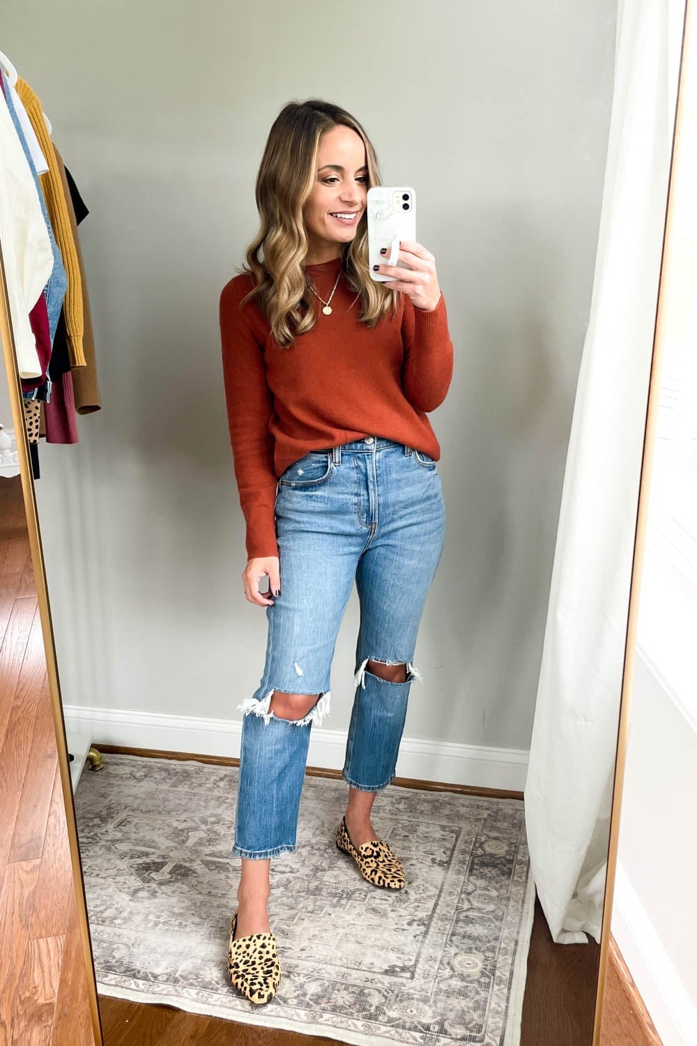 Ripped Light Blue Straight Leg Jeans with Burnt Orange Sweater Ripped Light Blue Straight Leg Jeans with Burnt Orange Sweater — Simple Going Out Outfits Jeans