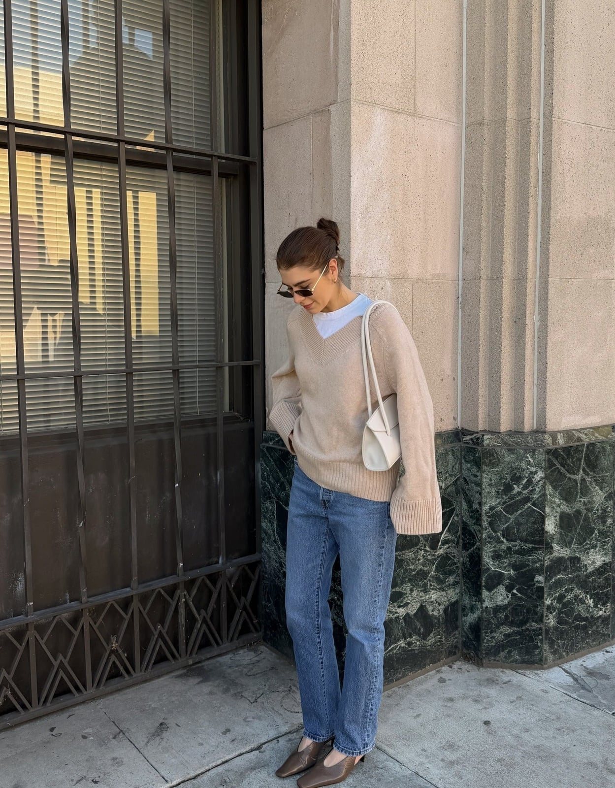Light Blue Straight Leg Jeans with Beige Sweater Light Blue Straight Leg Jeans with Beige Sweater — Simple Going Out Outfits Jeans