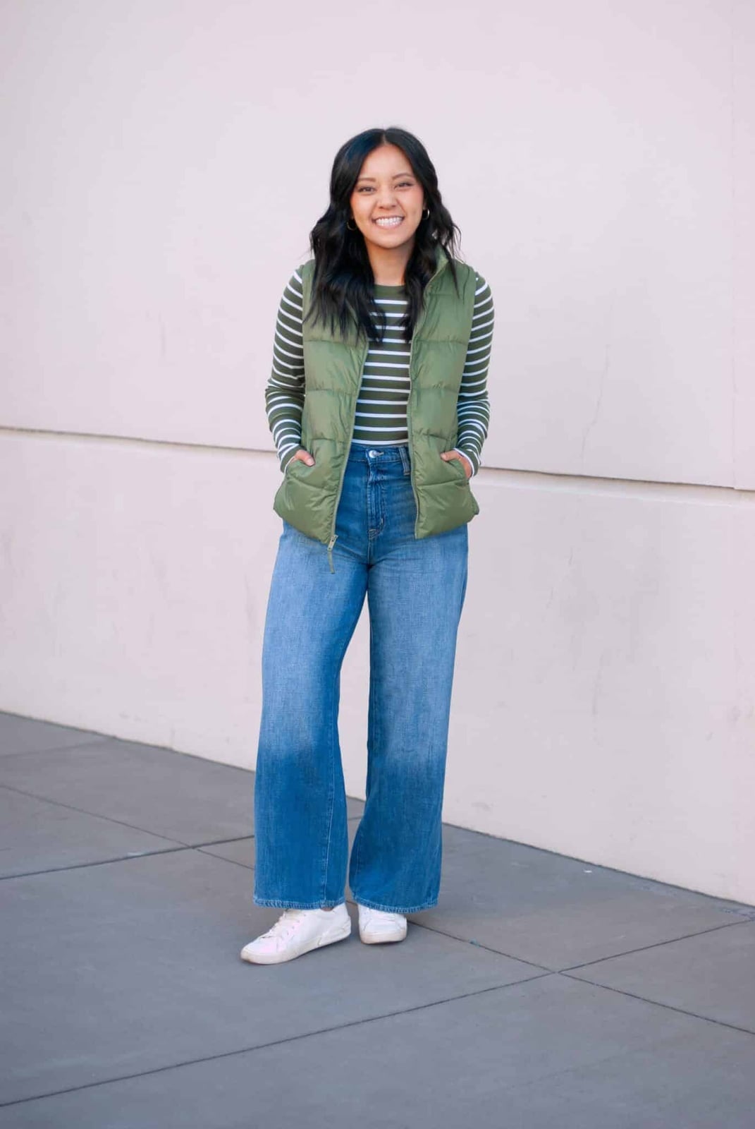 Blue Wide Leg Jeans with Striped Shirt and Green Puffer Vest Blue Wide Leg Jeans with Striped Shirt and Green Puffer Vest — Simple Going Out Outfits Jeans
