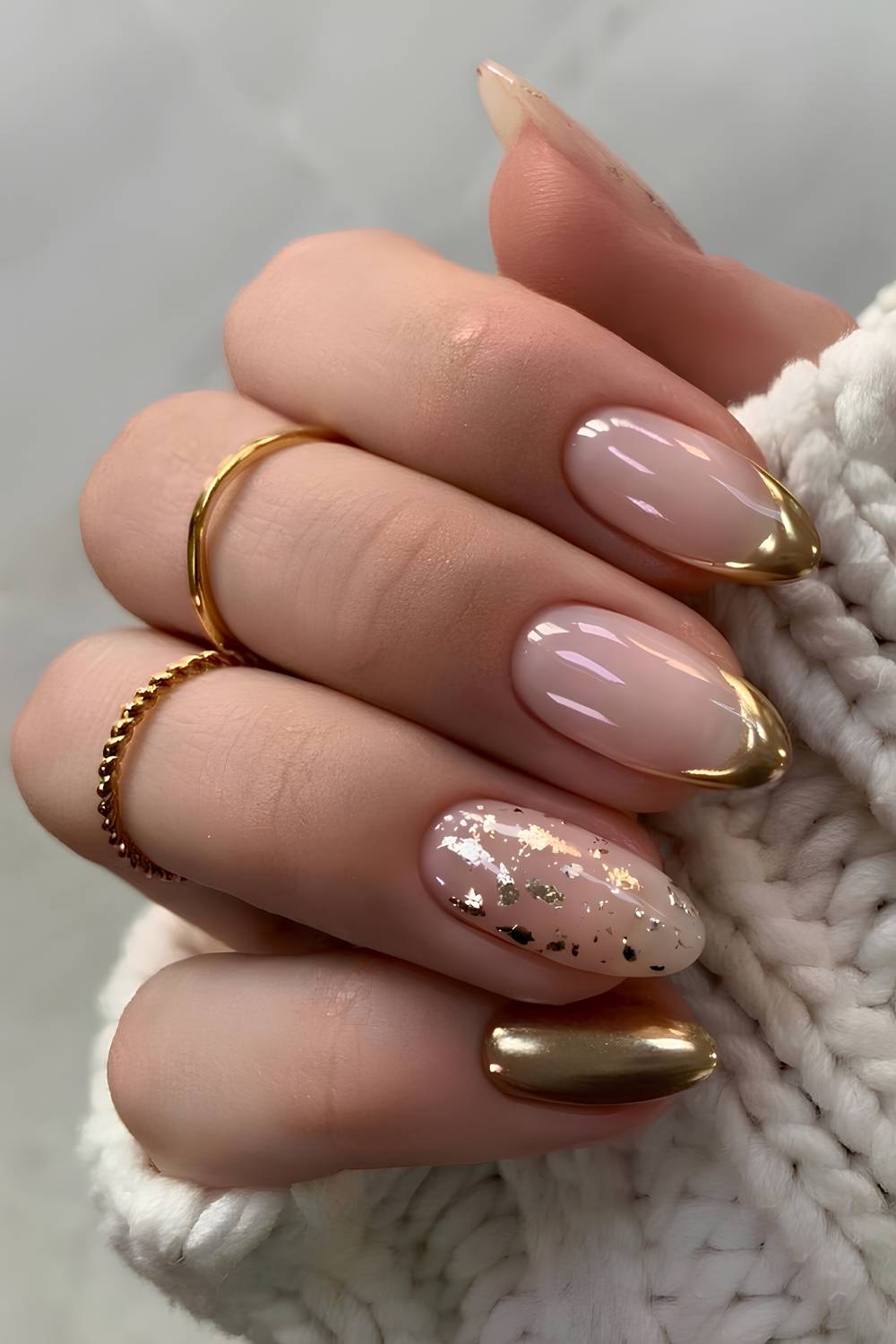 Sheer Nude Gold Chrome French Medium Oval Nails — Simple Gold Chrome Nails