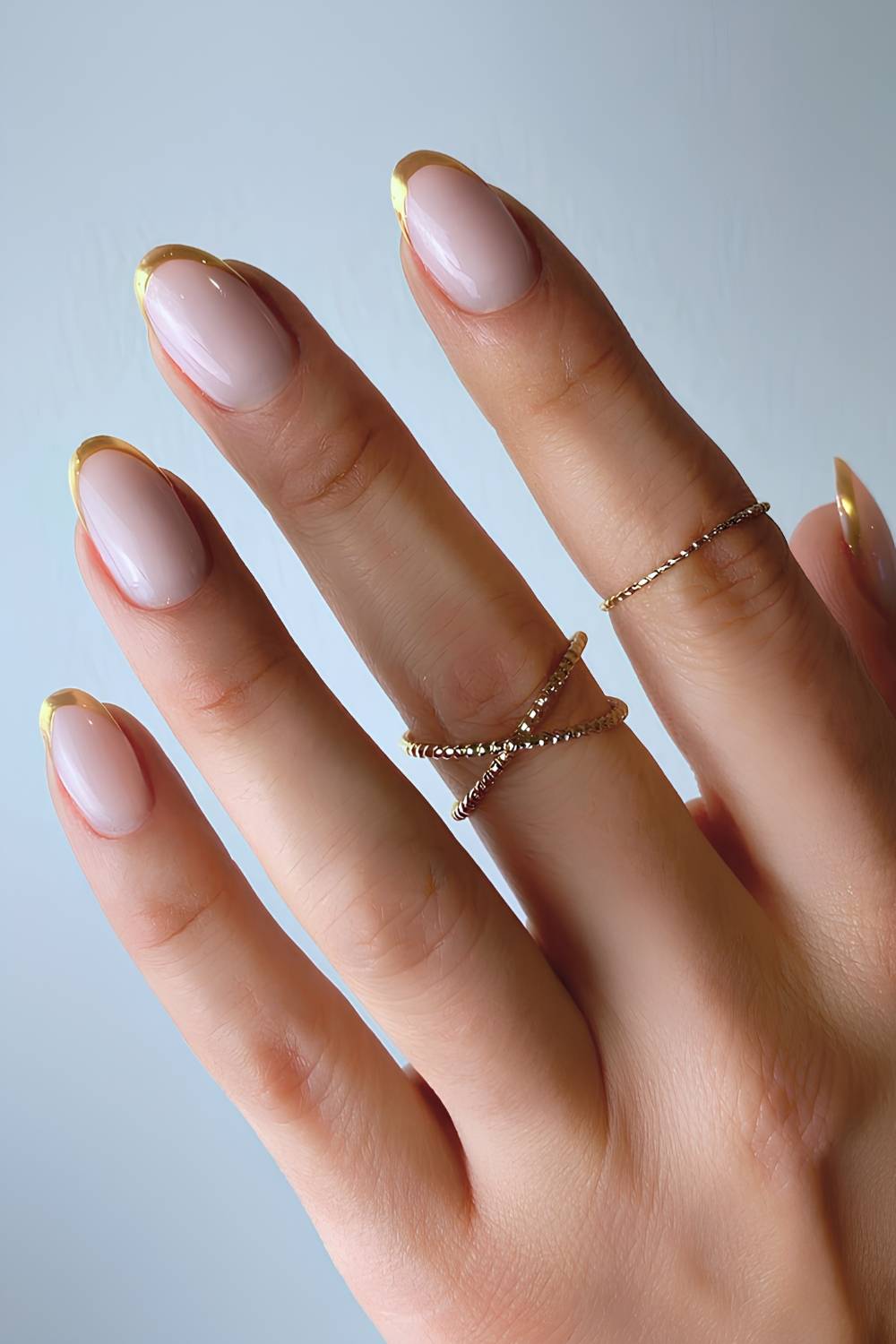 Neutral Pink Gold Chrome French Medium Squoval Nails — Simple Gold Chrome Nails