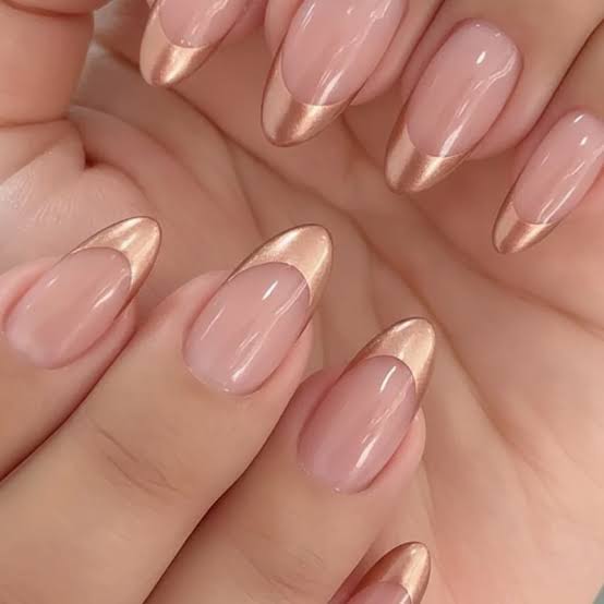 Sheer Pink Metallic Gold French Medium Oval Nails — Simple Gold Chrome Nails