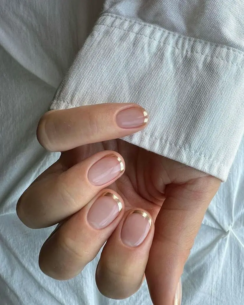 Sheer Nude Gold Chrome French Medium Almond Nails, Against A Neutral — Simple Gold Chrome Nails