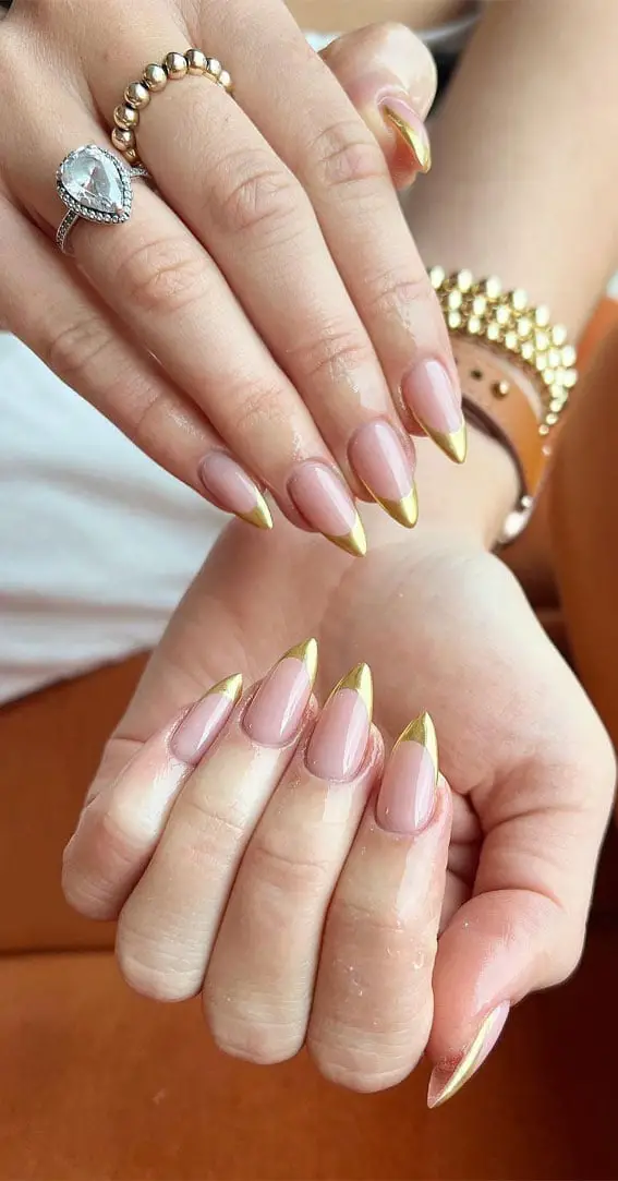 Sheer Pink Gold Chrome French Medium Almond Nails — Simple Gold Chrome Nails