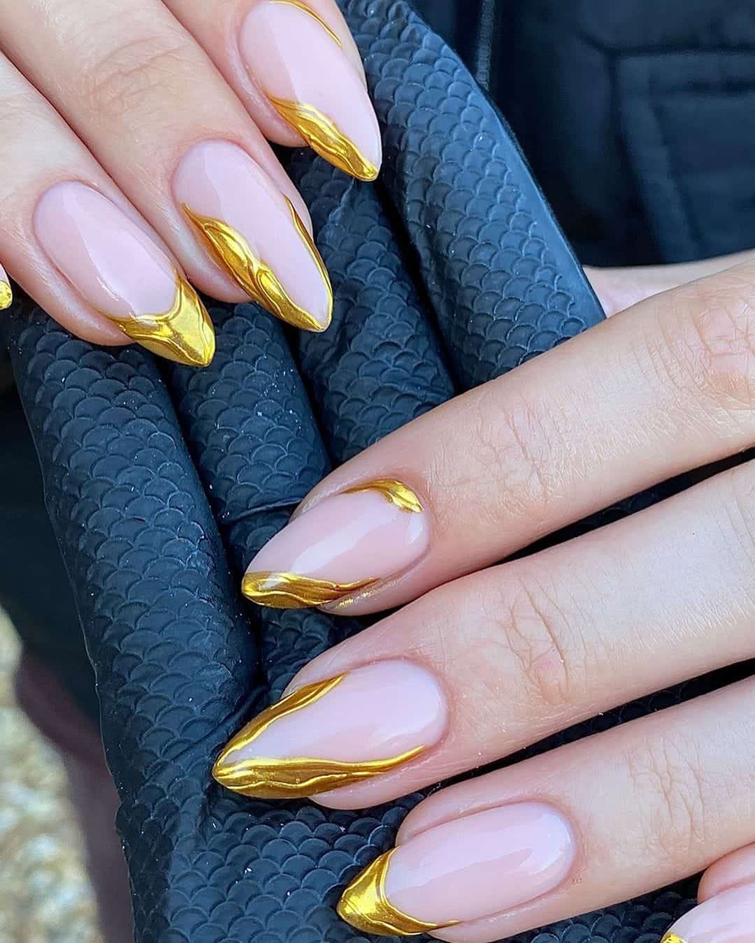 Pale Pink Gold Line French Medium Almond Nails — Simple Gold Chrome Nails