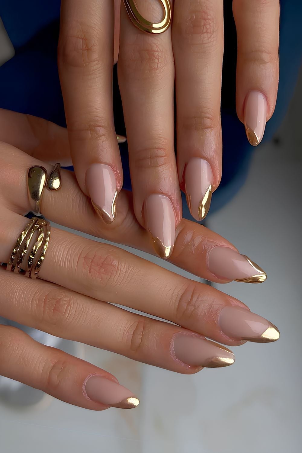 Sheer Nude Gold Line Tip Medium Sharp Almond Nails — Simple Gold Chrome Nails
