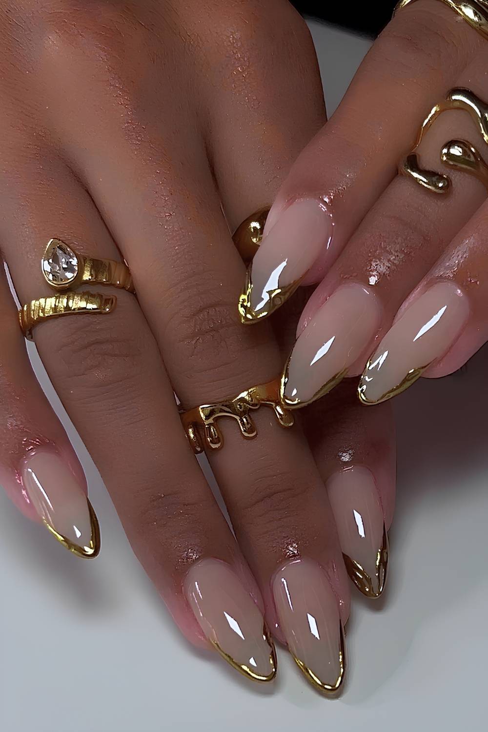 Sheer Nude Gold Line Tip Medium Sharp Almond Nails — Simple Gold Chrome Nails