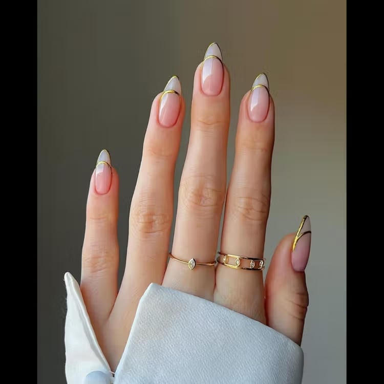 Nude Sheer Gold Outline Medium Almond Nails — Simple Gold Chrome Nails