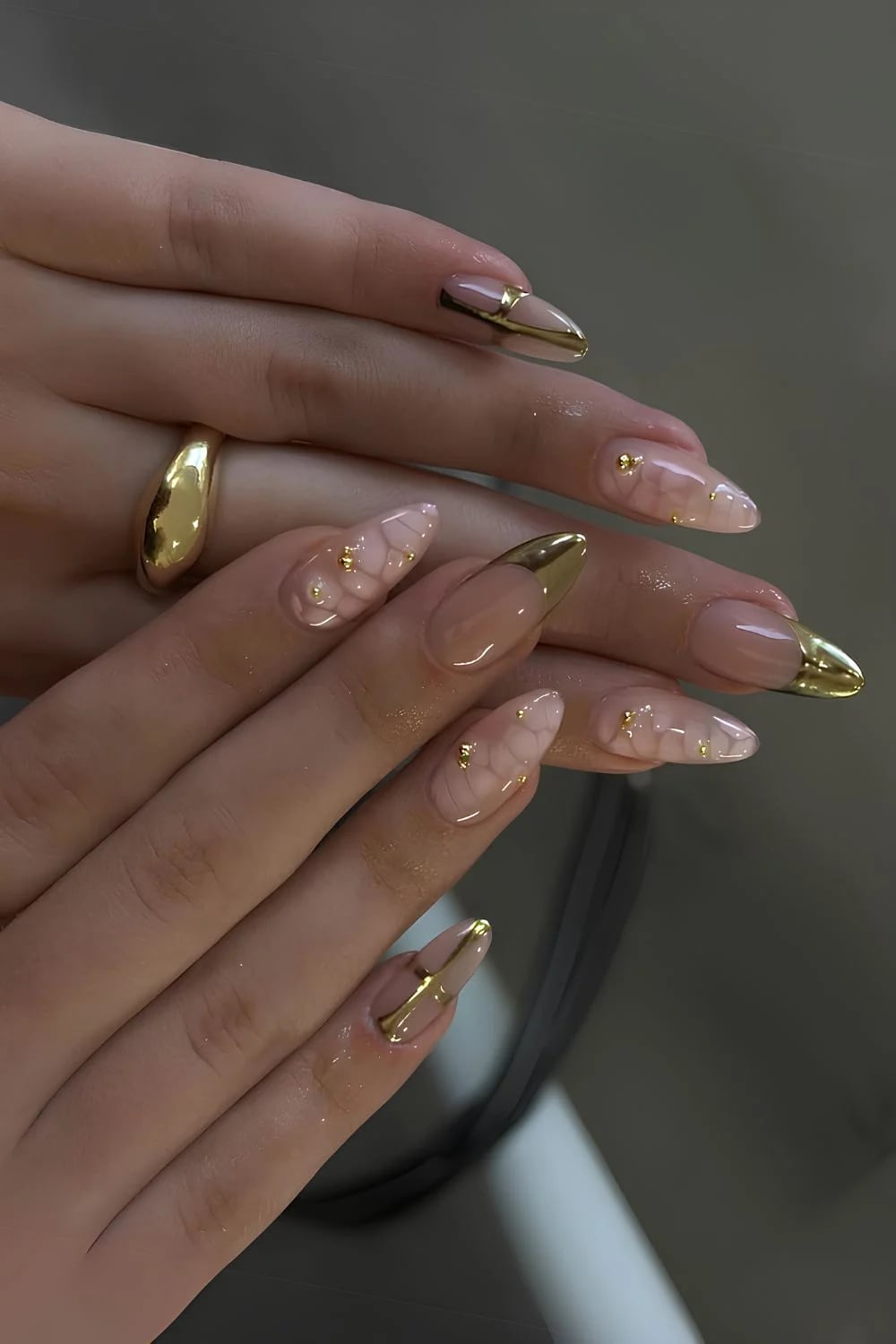 Long Almond Nude Nails With Gold Lines Foil — Simple Gold Chrome Nails