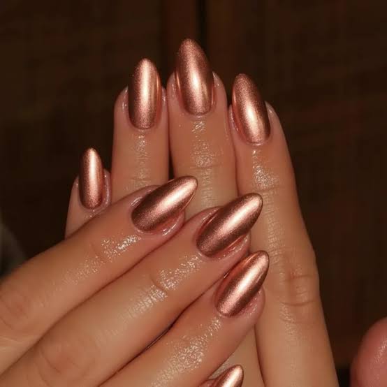 Dusty Rose Marble Gold Chrome Medium Oval Nails — Simple Gold Chrome Nails
